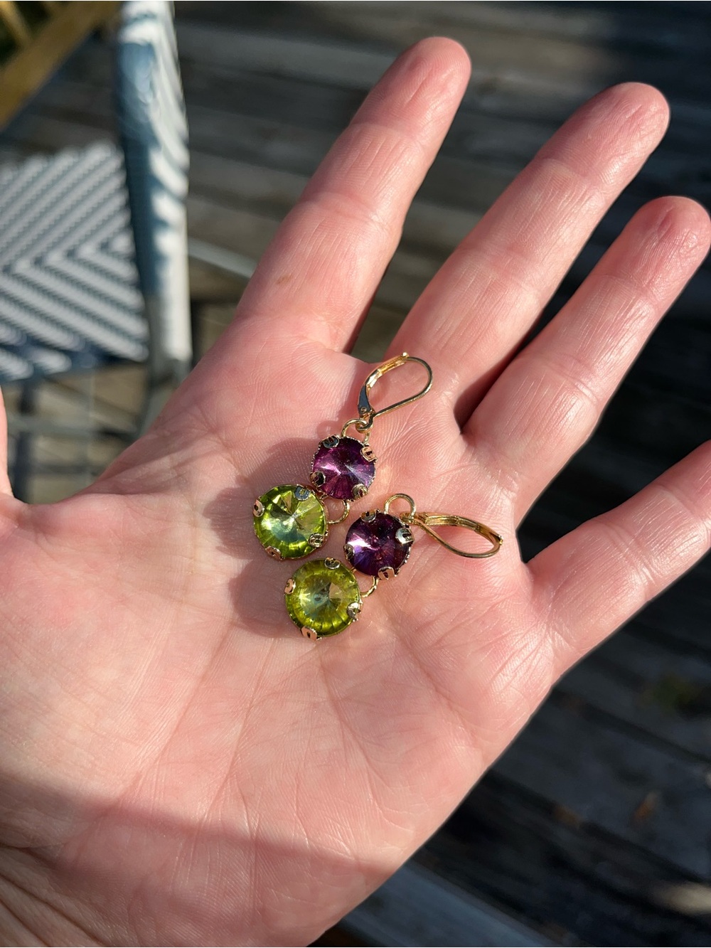 Gold Drop Earrings with Green Peridot and Purple Amethyst Stones